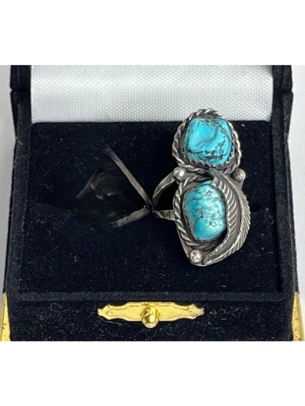 Navajo Sterling Silver & Turquoise "Two Stone Feather" Ring